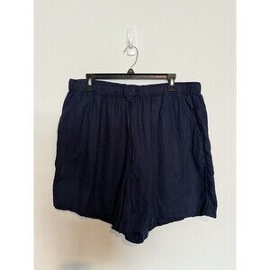 Tahari Women's 100% Linen Shorts 1X Navy Blue Pull On Stretch Plus Drawstring